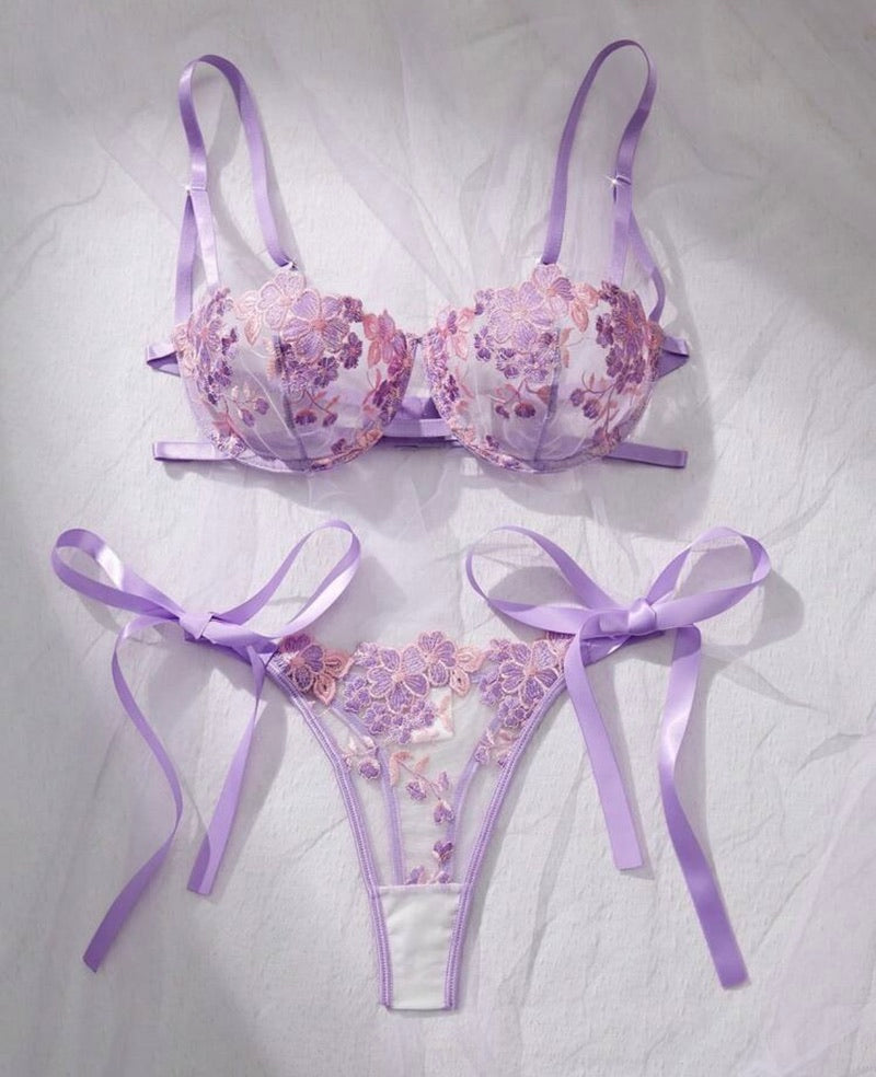 Lavender Fields Floral Embroidered Lingerie Set