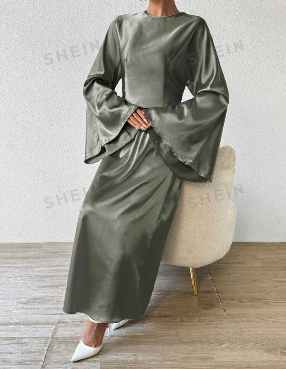 ELEGANT SATIN TWO-PIECE SET - LONG SLEEVE TOP & MAXI SKIRT (SHEIN)