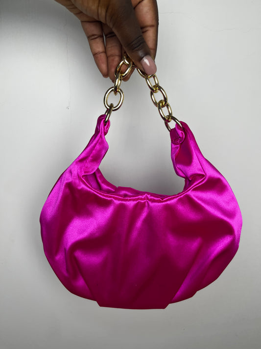 Fuchsia Satin Mini Shoulder Bag with Gold Chain Handle