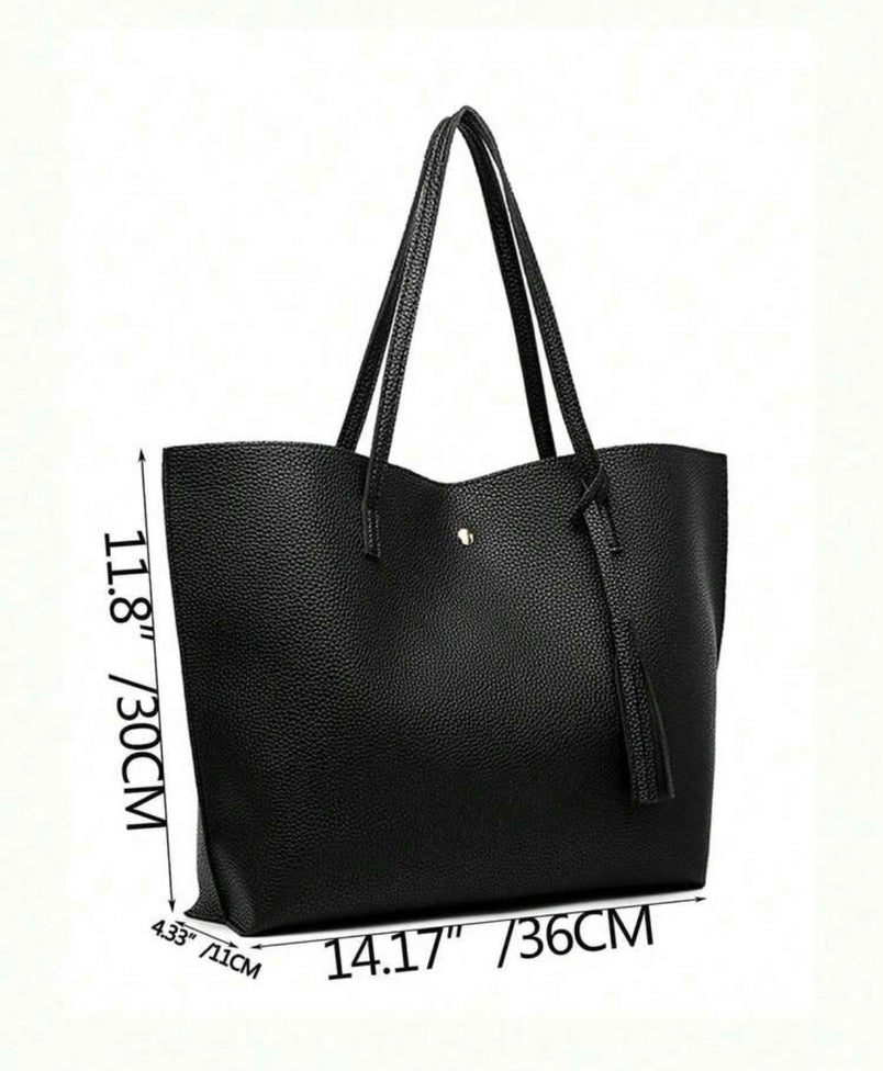 Classic Pebbled Faux-Leather Everyday Tote Bag with Tassel Accent