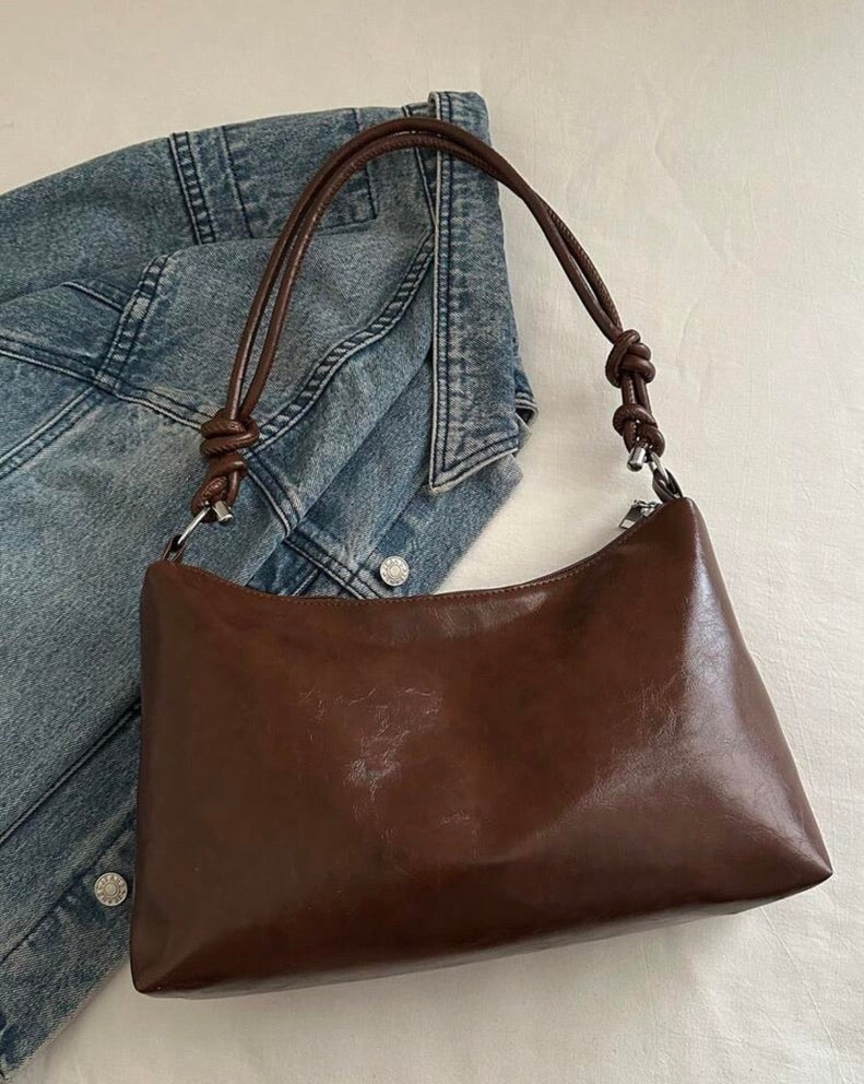 Retro Slouchy Brown Shoulder Bag with Knotted Straps