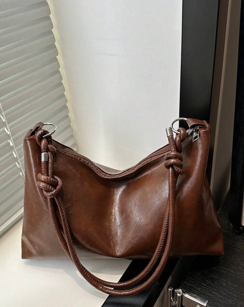 Retro Slouchy Brown Shoulder Bag with Knotted Straps