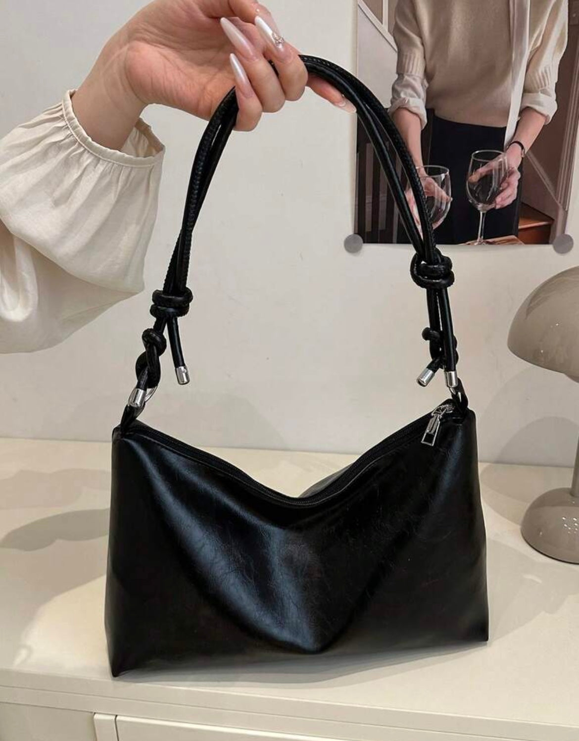 Retro Slouchy Black Shoulder Bag with Knotted Straps