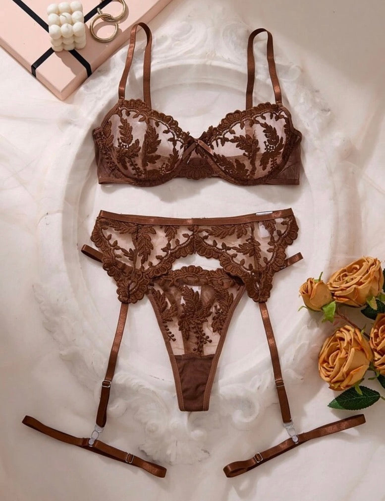 Espresso Floral Embroidered 3-Piece Garter Lingerie Set