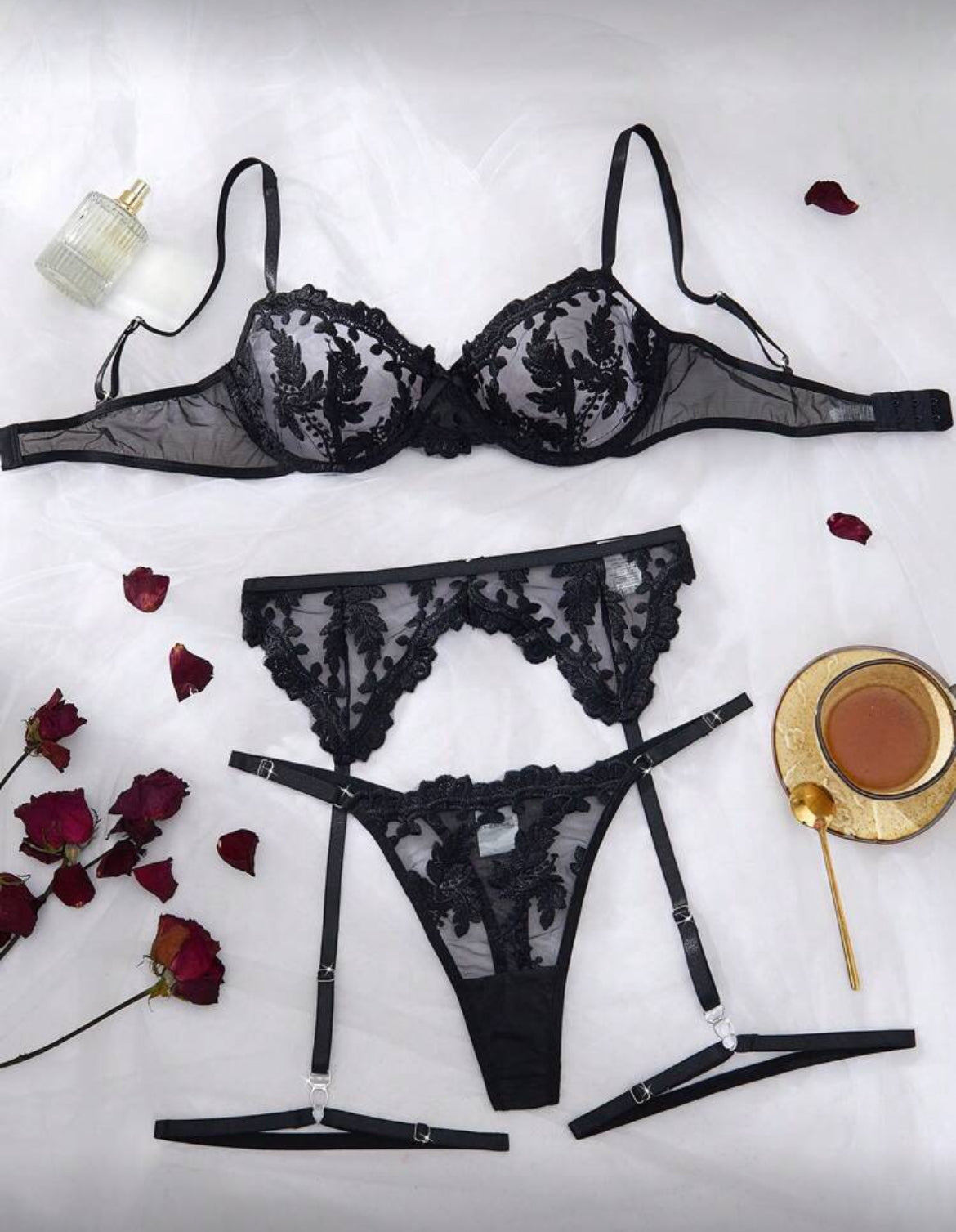 Black Lace Lingerie Set – 3-Piece Embroidered Mesh