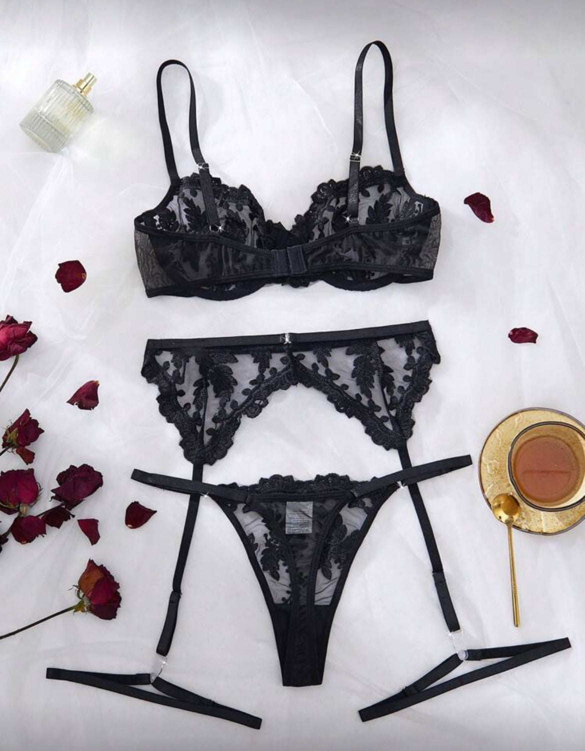 Black Lace Lingerie Set – 3-Piece Embroidered Mesh