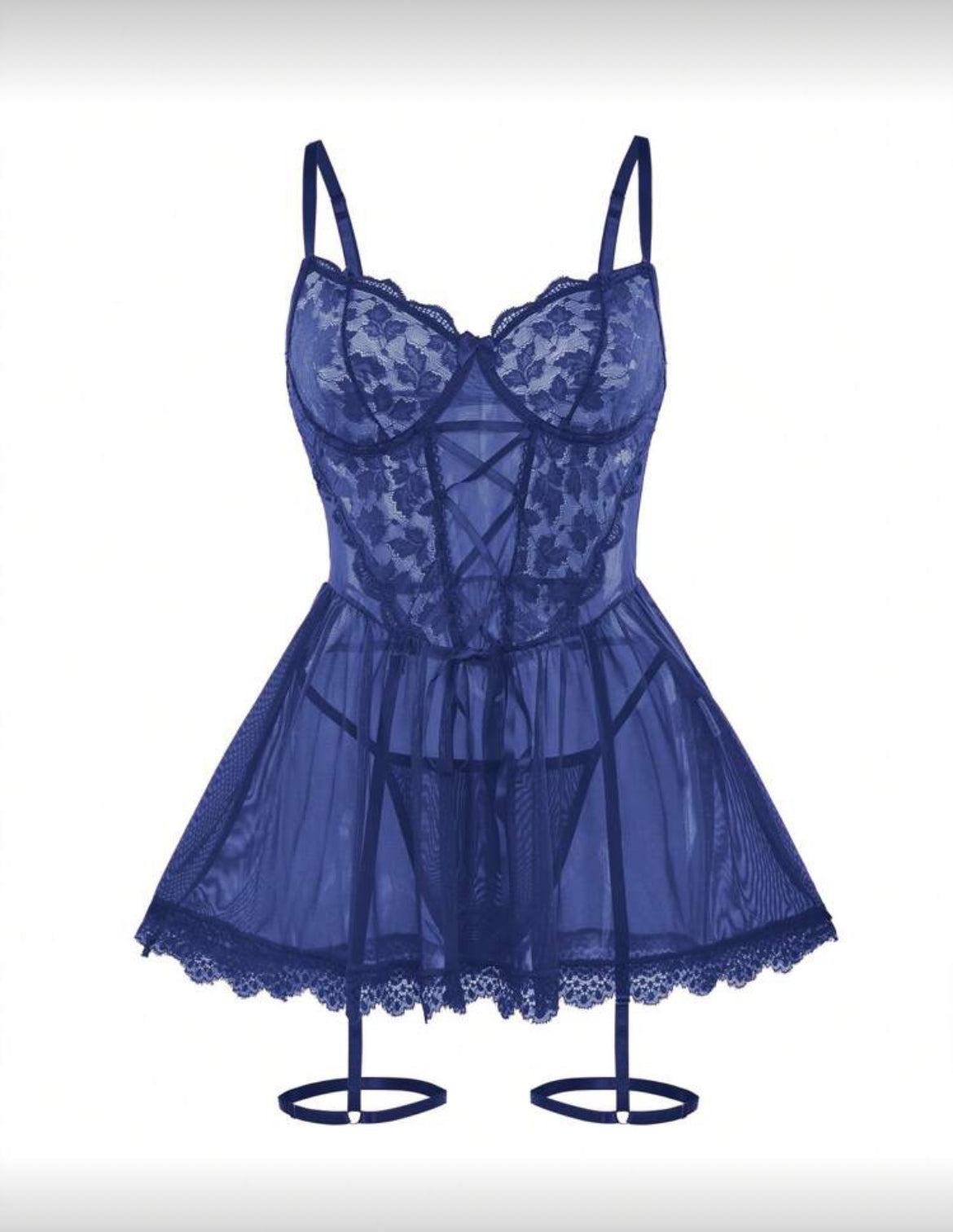SHEIN Elegant Navy Blue Lace Lingerie Set with Garter