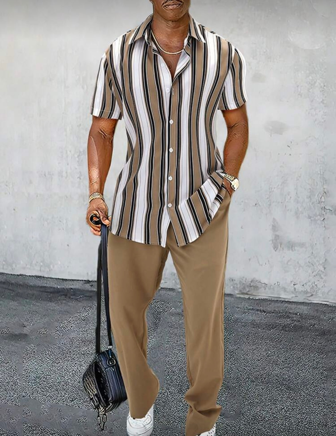SHEIN Men’s 2-Piece – Striped Short-Sleeve Shirt & Tan Trousers