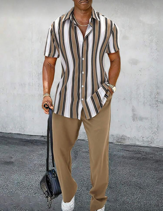 SHEIN Men’s 2-Piece – Striped Short-Sleeve Shirt & Tan Trousers