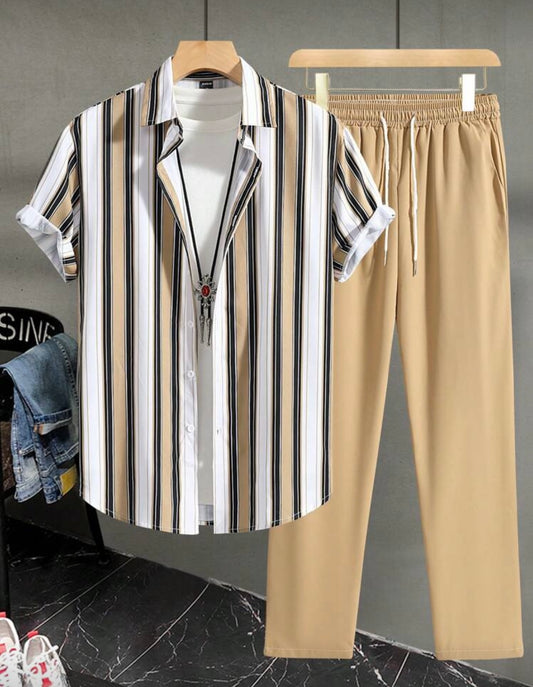 SHEIN Men’s 2-Piece – Striped Short-Sleeve Shirt & Tan Trousers