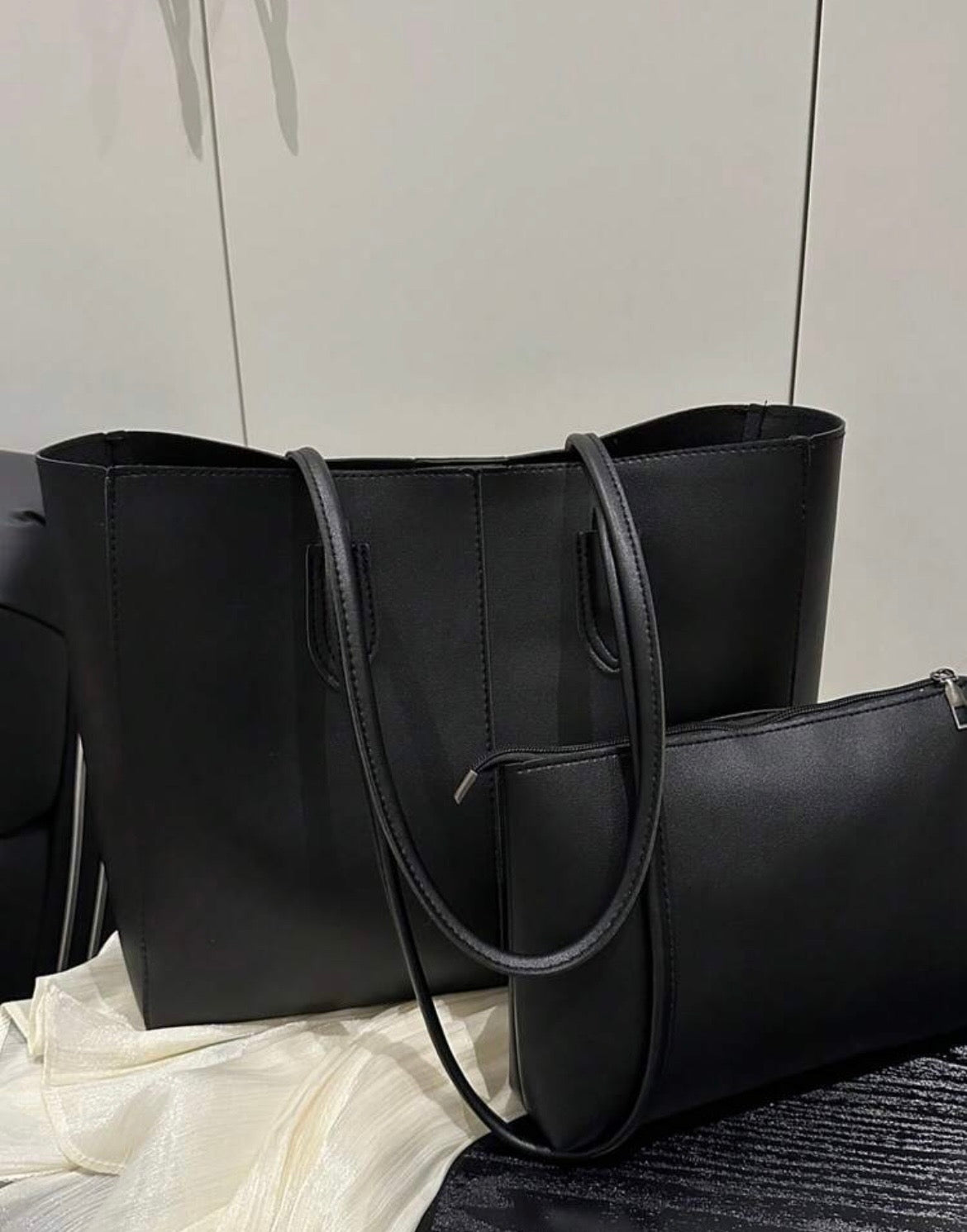 Classic Black Tote Bag Set with Matching Pouch