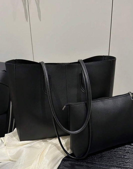 Classic Black Tote Bag Set with Matching Pouch