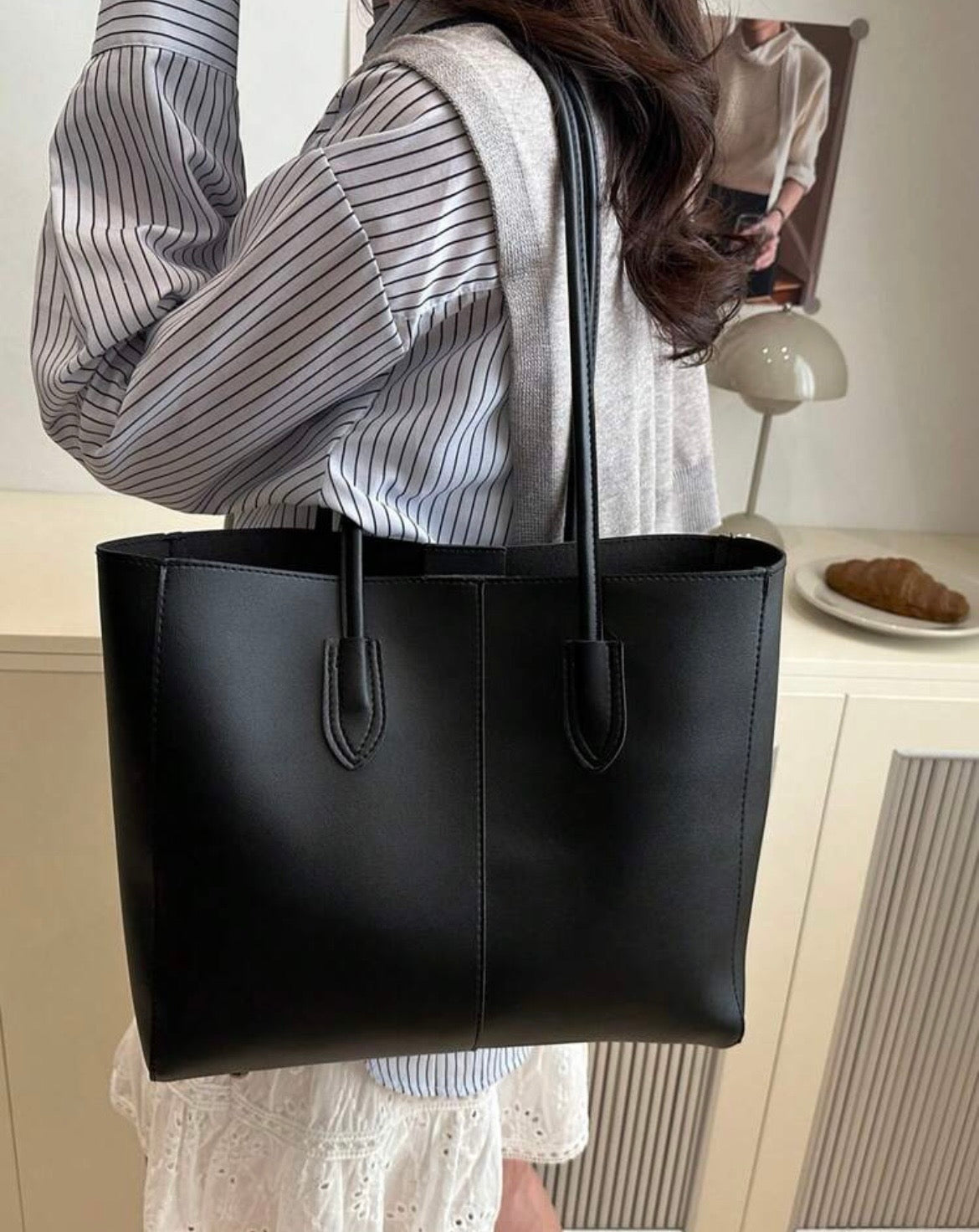 Classic Black Tote Bag Set with Matching Pouch