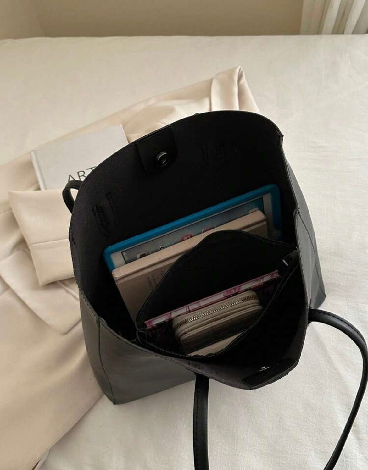 Classic Black Tote Bag Set with Matching Pouch