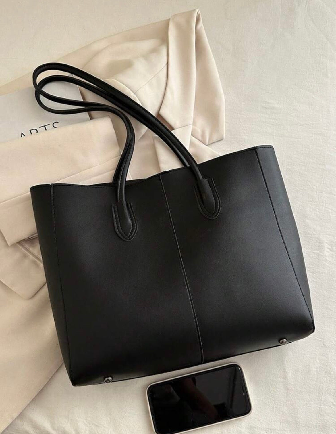 Classic Black Tote Bag Set with Matching Pouch