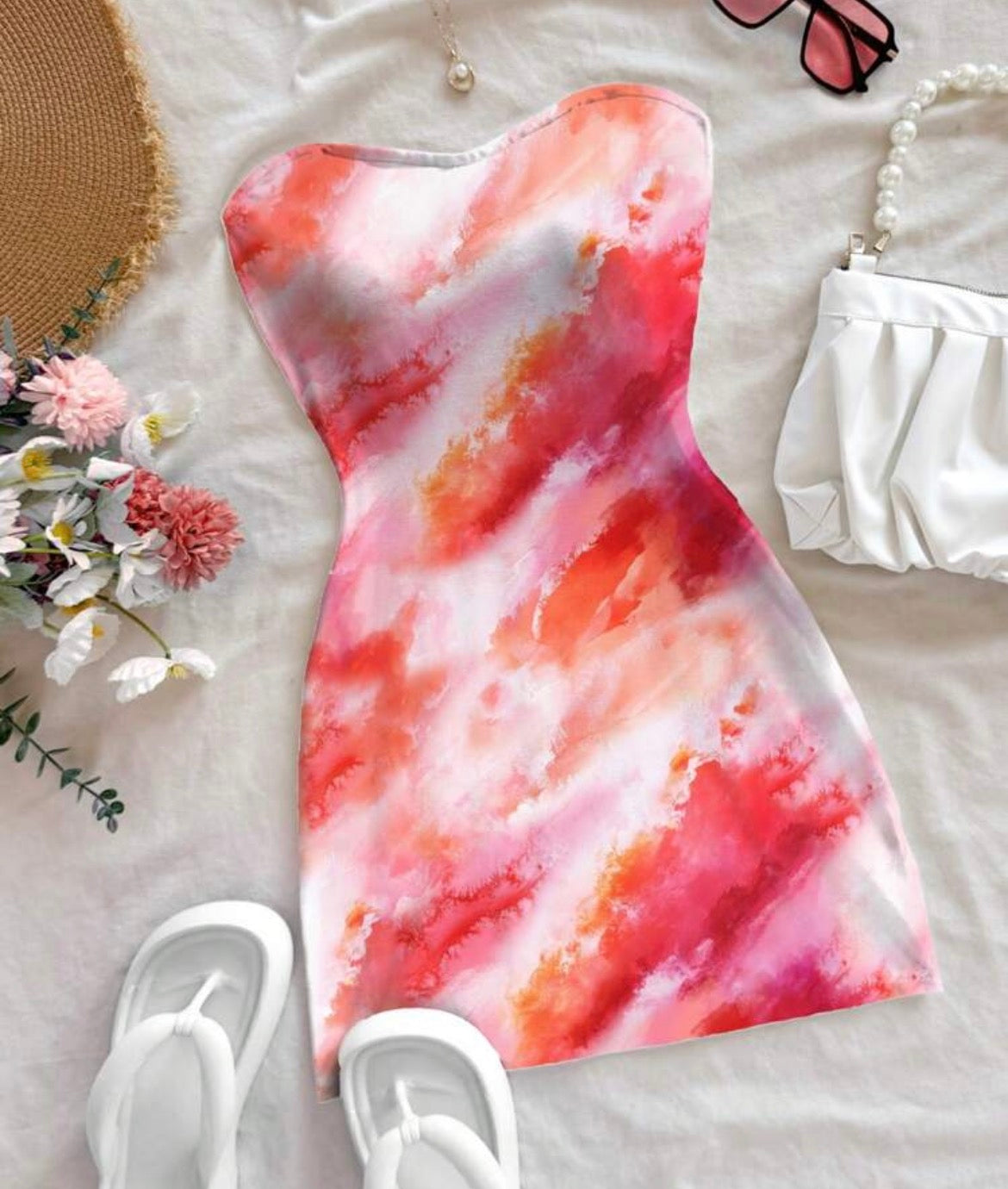 Elsie Pink Watercolour Strapless Mini Dress