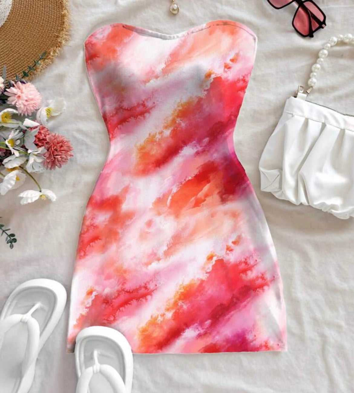 Elsie Pink Watercolour Strapless Mini Dress