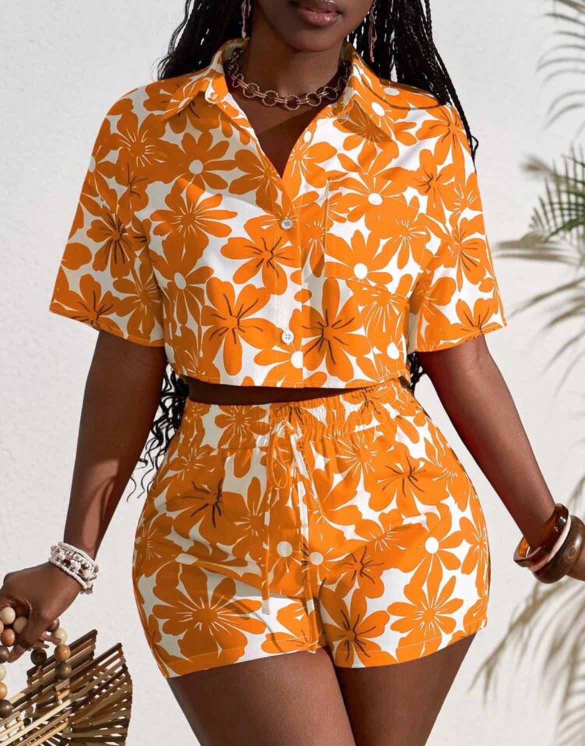 Ama Orange Floral Two-Piece Shorts Set