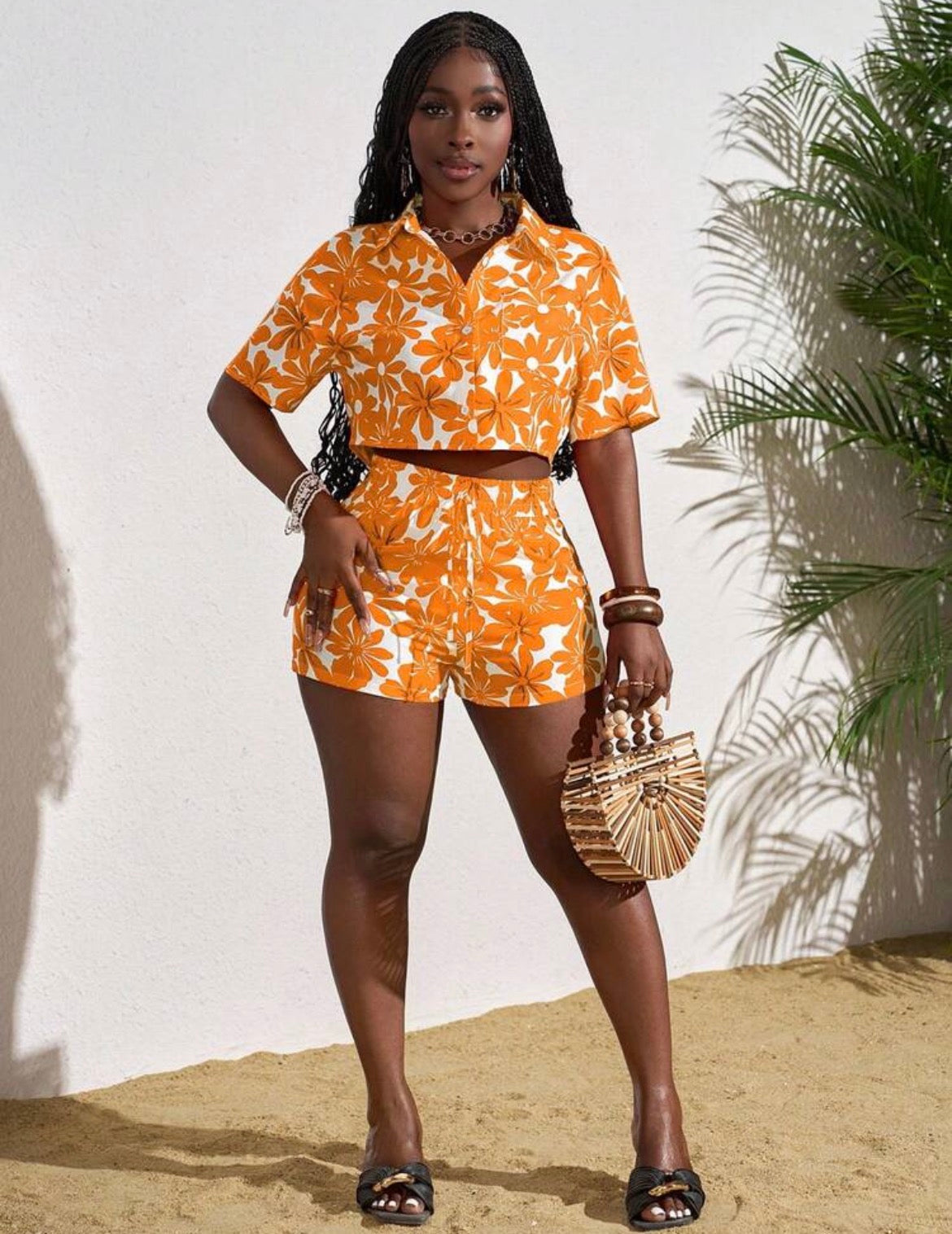 Ama Orange Floral Two-Piece Shorts Set
