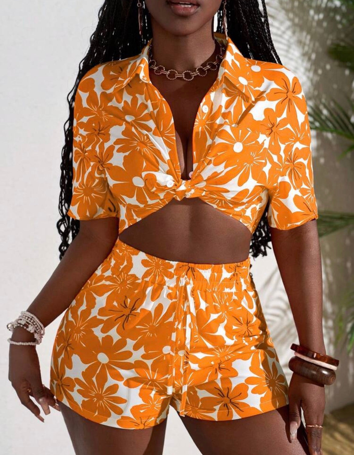 Ama Orange Floral Two-Piece Shorts Set