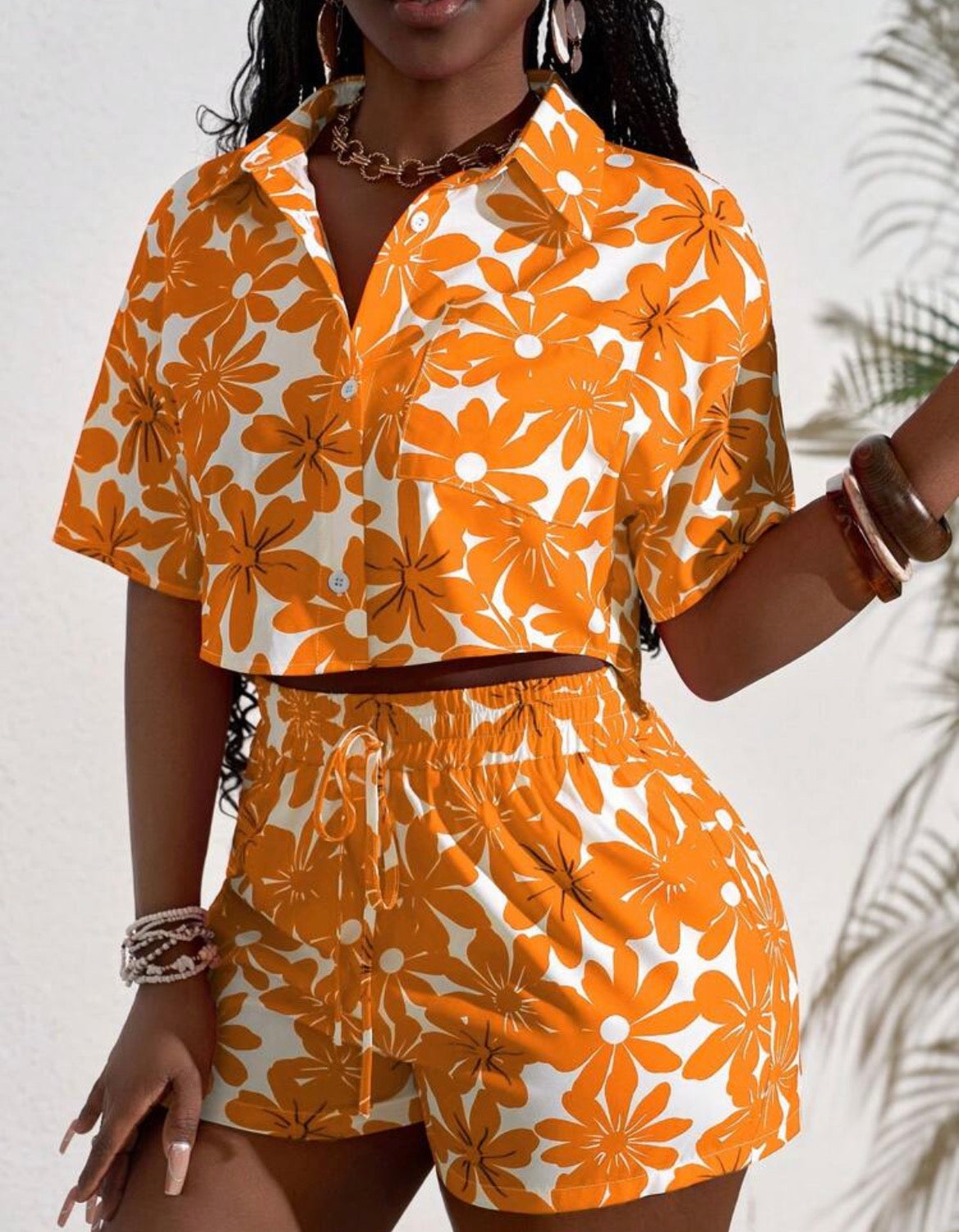 Ama Orange Floral Two-Piece Shorts Set