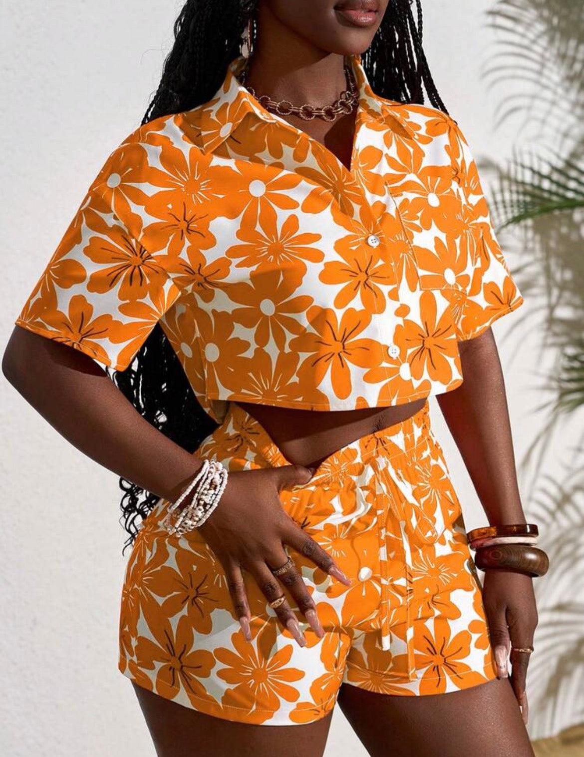 Ama Orange Floral Two-Piece Shorts Set