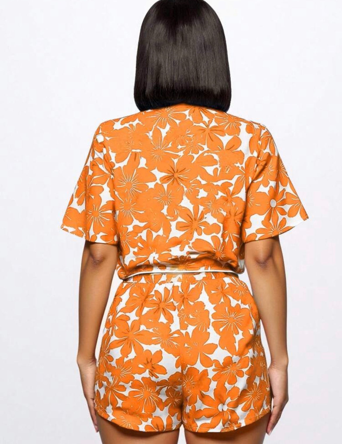 Ama Orange Floral Two-Piece Shorts Set