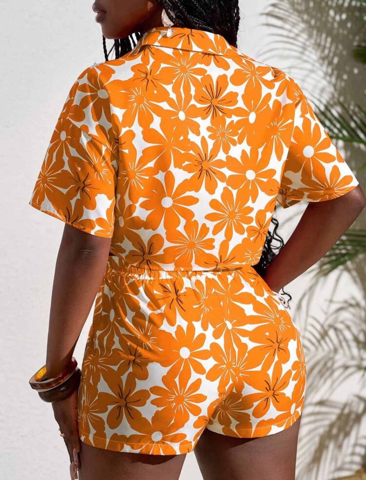 Ama Orange Floral Two-Piece Shorts Set