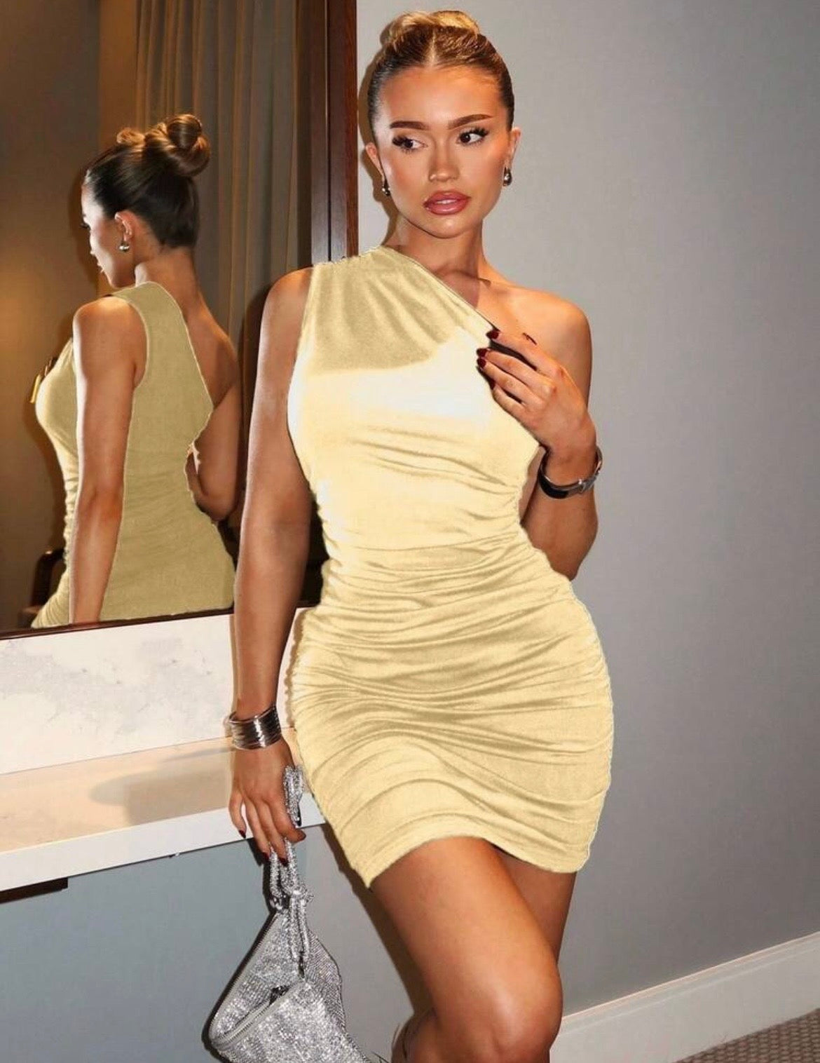 Champagne Shimmer Ruched Dress