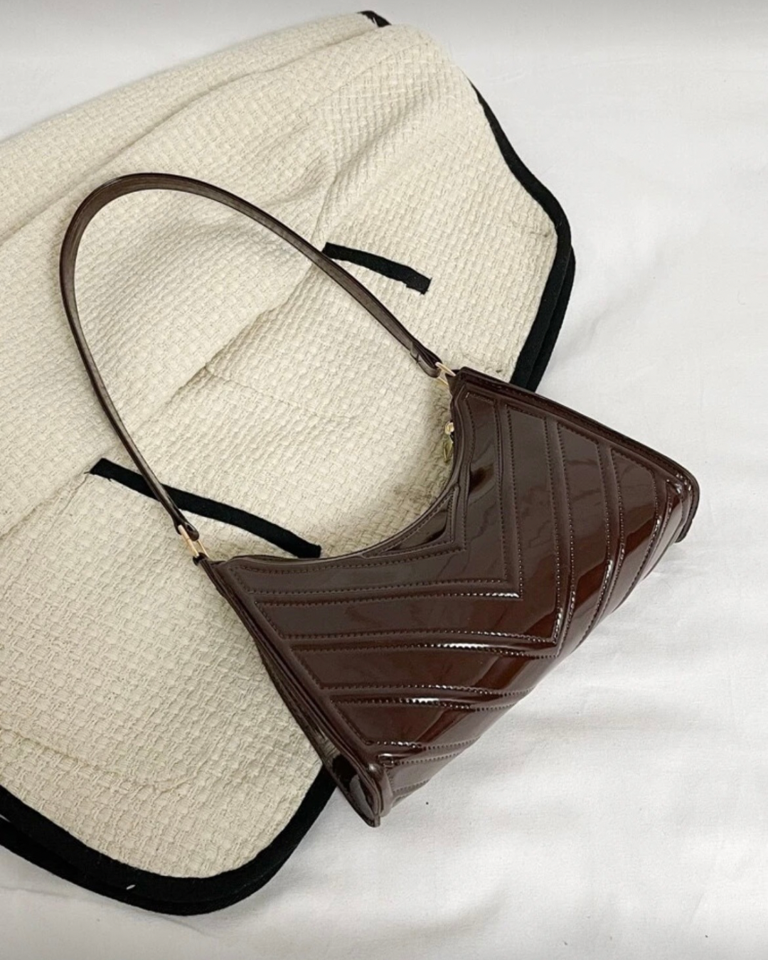Sleek Chocolate Patent Shoulder Bag
