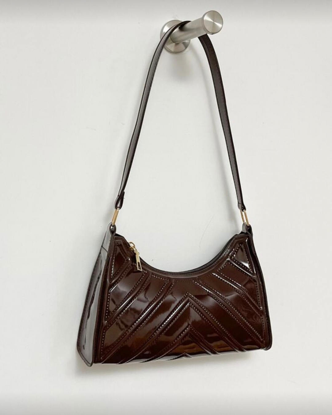 Sleek Chocolate Patent Shoulder Bag